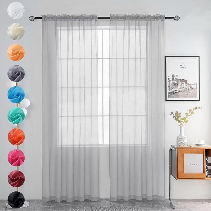 youleyar Solid Sheer Rod Pocket Curtain Voile Draperies 2 Panels White Beige Black Grey Ivory 52 Inch Width 54 Inch Long 1 Pair for Kitchen Bedroom Children Living Room Yard (Silver Grey,52Wｘ54L)