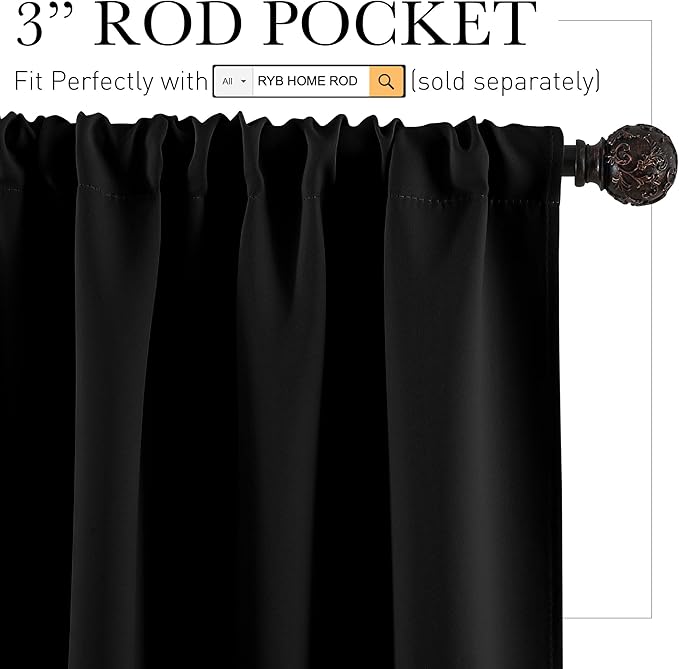 RYB HOME Short Blackout Curtains for Bedroom, Black Room Darkening Insulated Summer Heat Light UV Blocking Energy Saving Drapes for Nursery, Width 34 by Length 45, Black, Set of 2