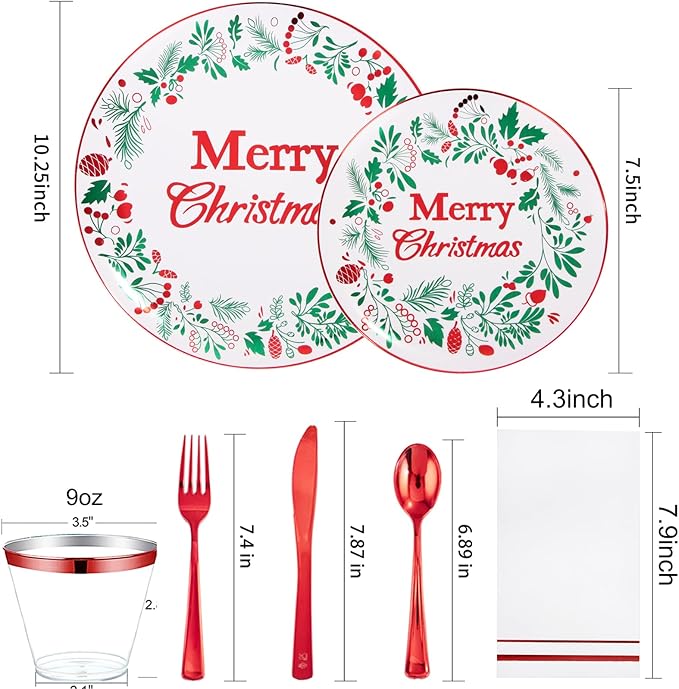bUCLA 175PCS Christmas Plates Dinnerware Set - Green and Red Christmas Plastic Plates and Napkins Disposable Include 25 Dinner Plates,25 Dessert Plates,75 Cutlery,25 Cups&25 Napkins