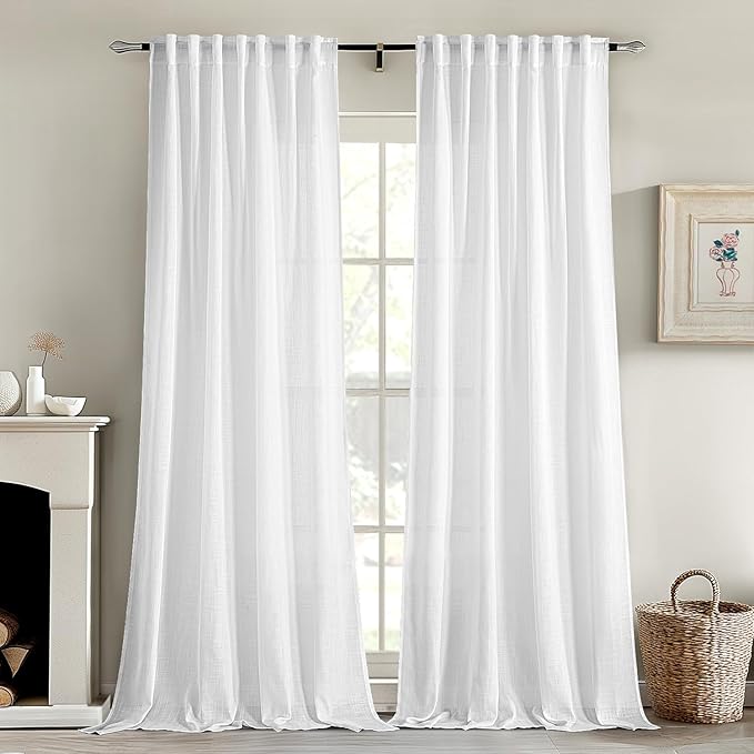 MIULEE White Linen Curtains 72 Inch Long 2 Panels for Bedroom Living Room, Soft Thick Linen Textured Back Tab Window Drapes Semi Sheer Light Filtering Rod Pocket Modern Farmhouse Decor