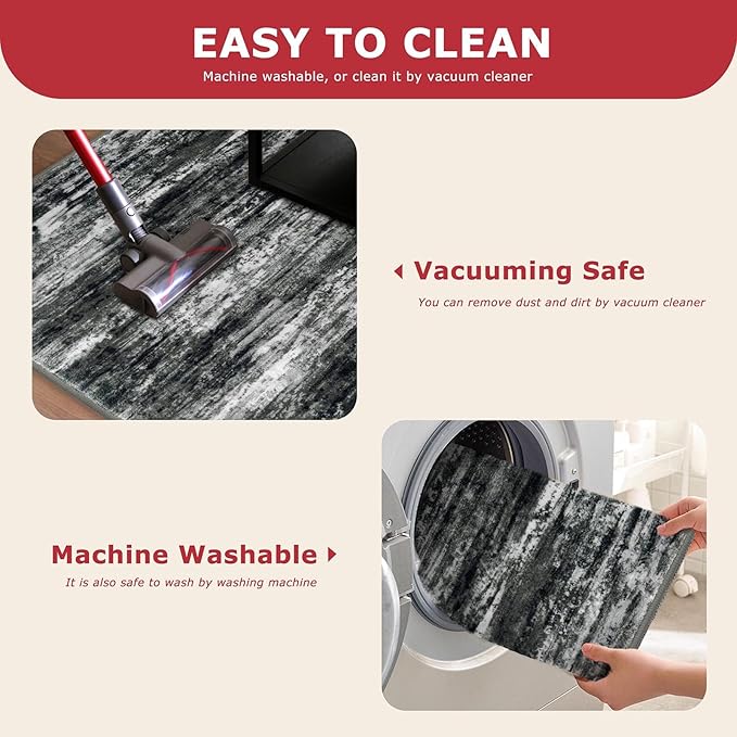 KOZYFLY Modern Abstract Washable Rug Runner 2.6x12 Hallway Rug Runner Non-Slip Soft Kitchen Runner Rugs, Black Grey Striped Carpet for Entryway Bathroom Laundry Room Foyer