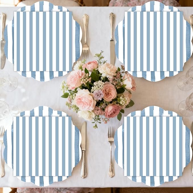 50PCS Blue Striped Paper Plates and Napkins Party Supplies, Blue and White Scalloped Party Plates and Napkins Tableware Set for Birthday Bridal & Baby Shower Wedding Party Decoration