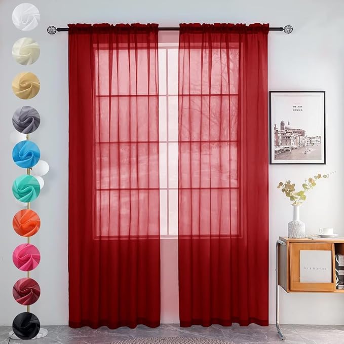 youleyar Solid Sheer Rod Pocket Curtain Voile Draperies 2 Panels White Beige Black Grey Ivory 52 Inch Width 45 Inch Long 1 Pair for Kitchen Bedroom Children Living Room Yard (Christmas Red,52Wｘ45L)