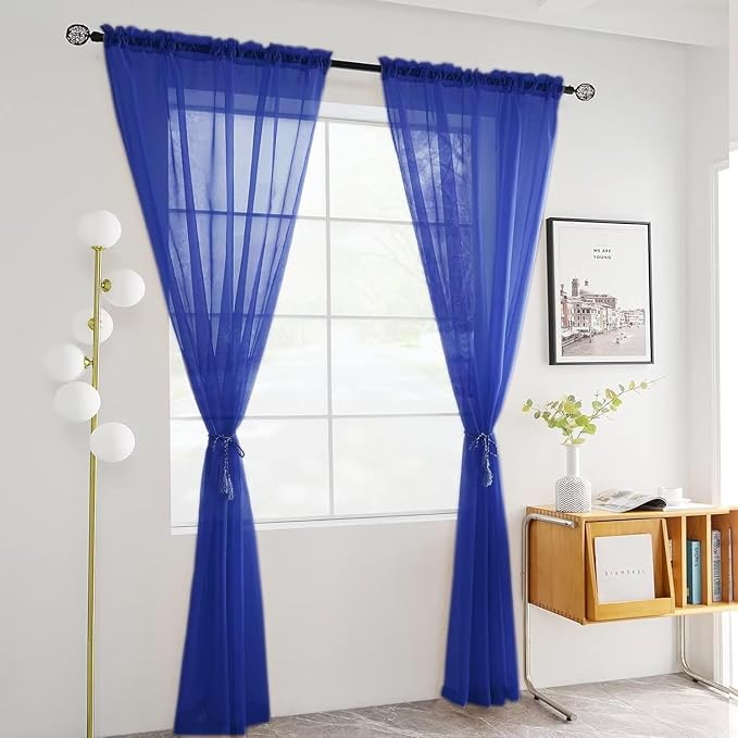 Youleyar Solid Sheer Rod Pocket Curtain Voile Draperies 2 Panels White Beige Black Ivory Coffee 26 Inch Width 24 Inch Long 1 Pair for Kitchen Bedroom Children Living Room Yard(Blue Sapphire,26W x 24L)