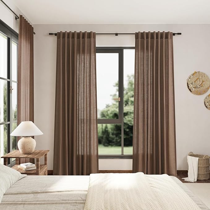 Nanspring Caramel Brown Linen Curtains for Living Room 92 Inches Long Back Tab Light Filtering Semi Sheer Vintage Rustic Curtain Luxury Boho Decor Drapes for Bedroom Office 52x92, 2 Panels
