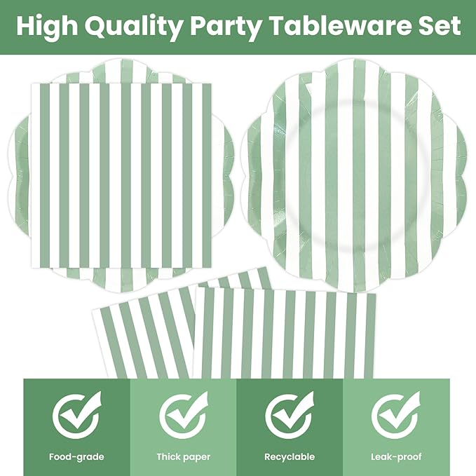 50PCS Sage Green Striped Paper Plates and Napkins Party Supplies, Green and White Scalloped Party Plates and Napkins Tableware Set for Birthday Bridal & Baby Shower Wedding Party Decoration