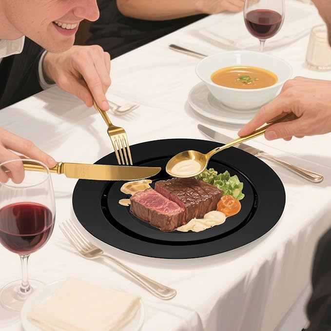 100 PCS Black Plastic Plates, Plastic Black Disposable Plates Include 50 10 inch Dinner Plate and 50 7 inch Dessert Plate, New Year black plates Perfect for Party, Wedding