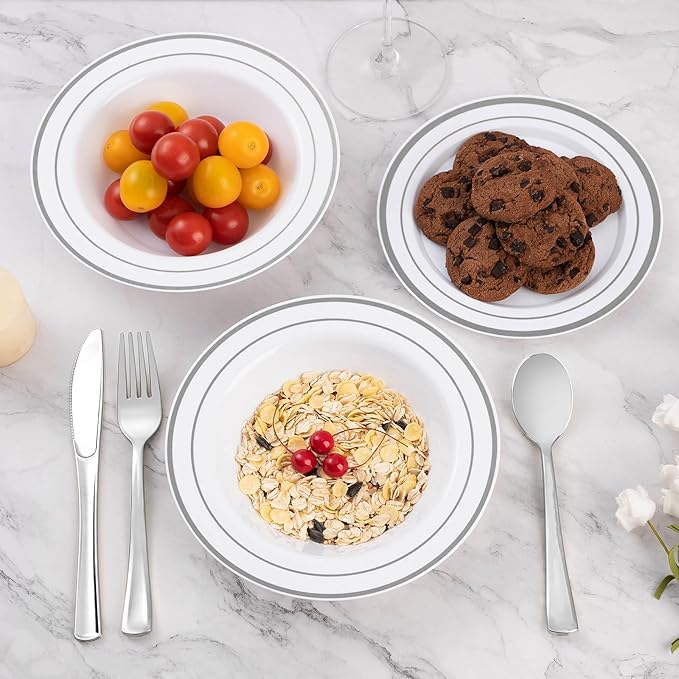 Goodluck 100 Pack Plastic Bowls with Silver Rim, 12oz Disposable Soup Bowls, Heavy Duty Dessert Bowls for Weddings, Parties, Dinners, Catering, and Everyday Use