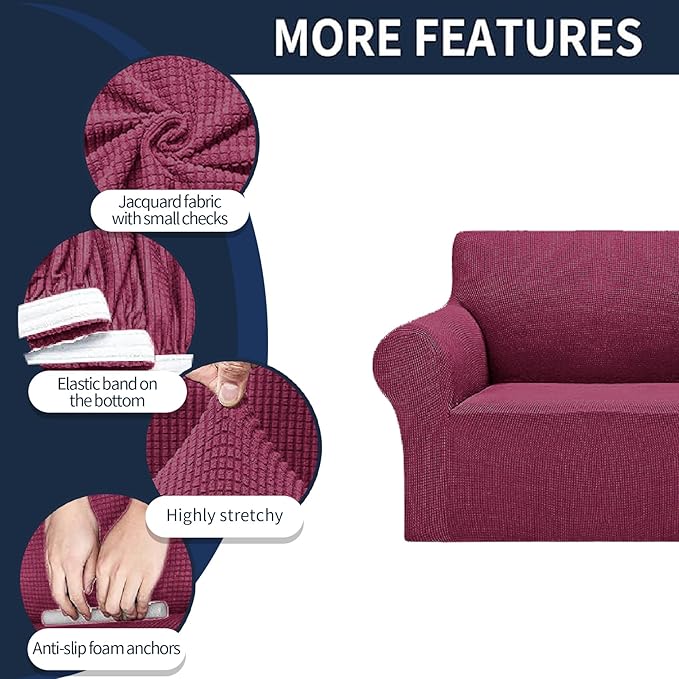 Cupuamon 2026 New Stretch Sofa Slipcovers Couch Cover for 3 Cushion Furniture Protector Sofa Covers with Elastic Bottom Jacquard Fabric Small Checks for Pets, Kids -Sofa, Wine