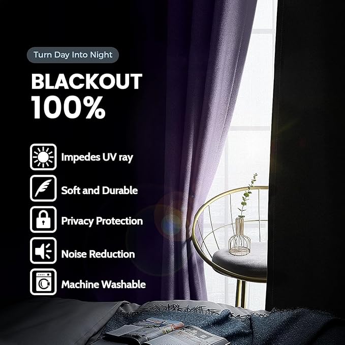 SimpleHome 100% Blackout Curtains for Bedroom,Thermal Insulated Lilac Grommet Window Drapes Room Darkening Curtains for Living Room with Black Back,52 x 54 Inch,2 Panels