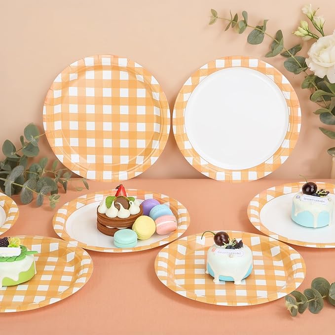 52 Pcs Orange Gingham Party Plates - 7 Inch Checkered Plaid Dessert Plates Disposable Orange and White Paper Plate - For Picnic BBQ Birthday Dinner Party Supplies