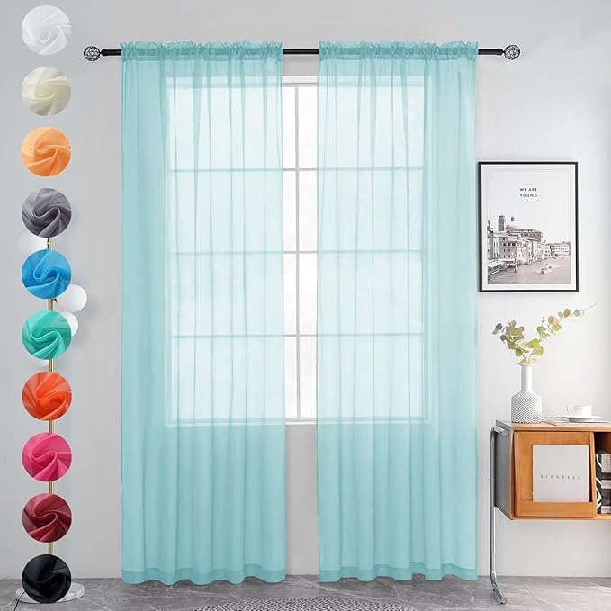 youleyar Solid Sheer Rod Pocket Curtain Voile Draperies 2 Panels White Beige Black Grey Ivory 52 Inch Width 96 Inch Long 1 Pair for Kitchen Bedroom Children Living Room Yard (Sky Blue,52Wｘ96L)