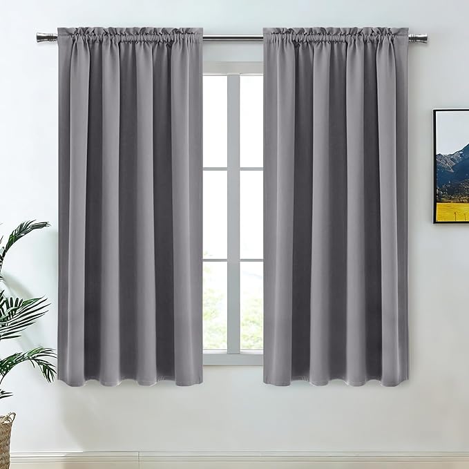 DWCN Blackout Curtains Thermal Insulated Energy Saving Bedroom and Kitchen Curtains Window Treatments, W 38 x L 45 Inch, Set of 2 Grey Rod Pocket Drapes