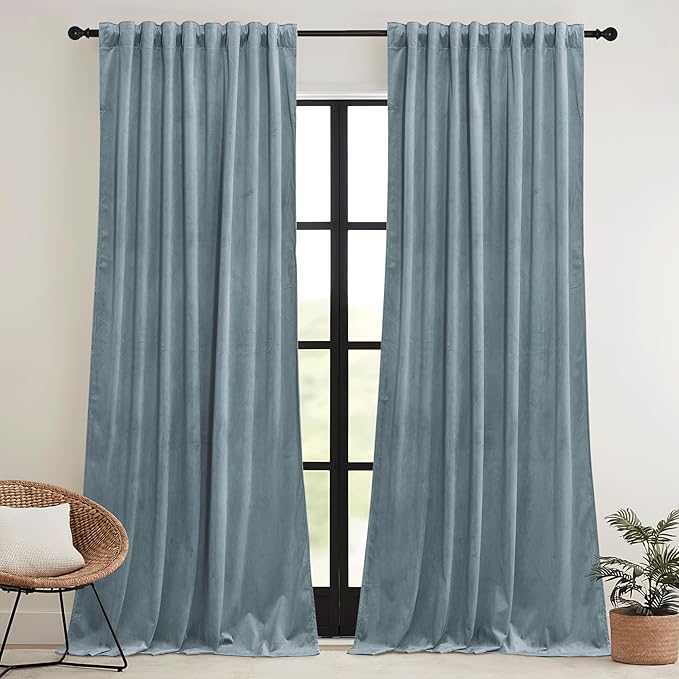 RYB HOME Stone Blue Velvet Curtains 63 inches with Hook Belt, Soft Fabric Room Darkening Thermal Insulated Luxurious Home Decor Curtains for Living Room Bedroom, W 42" x L 63", 2 Panels Set