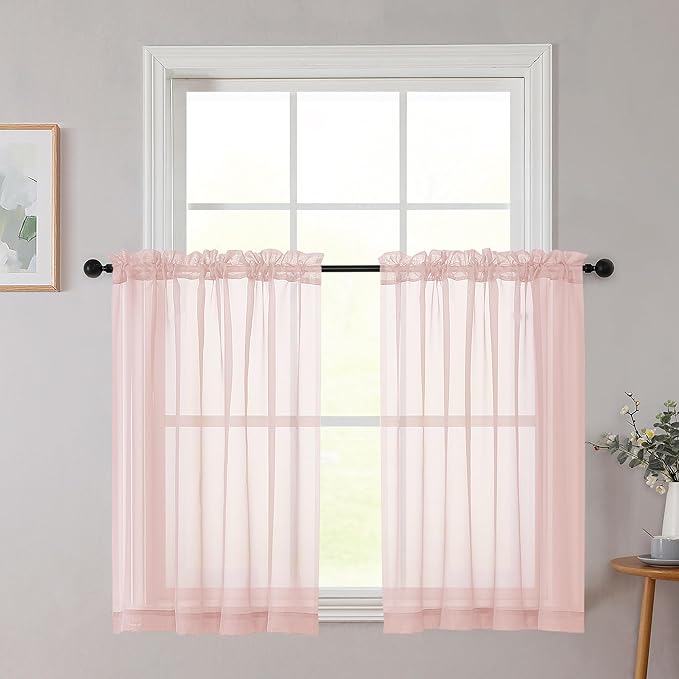 Cafe Curtains 36 Inch Length Tier 2 Pieces, Modern Soft Airy Sheer Kitchen Short Curtains for Small Window, Rod Pocket Small Curtain for Bathroom Basement, Blush, Each, 42" Wx36 L Inches