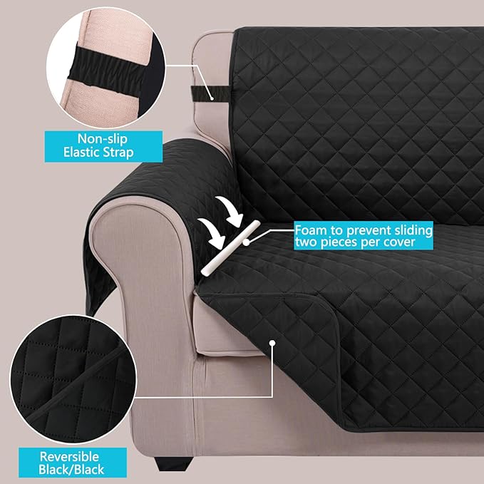 U-NICE HOME Recliner Chair Covers Reversible Quilted Water Repellent Pet Protectors with Elastic Straps (23''Recliner Small, Black/Black)