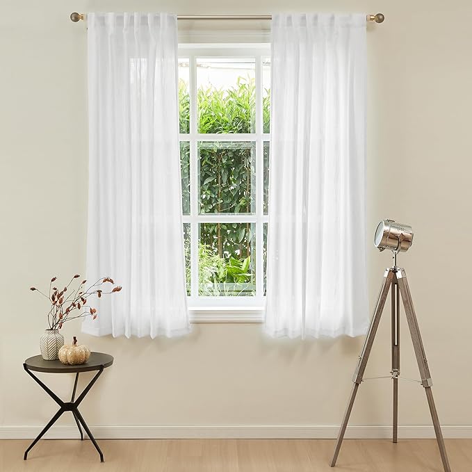 MYSKY HOME White Linen Sheer Curtains 63 inch length Light Filtering Semi Sheer Curtains for Bedroom Short Window Treatment Privacy Protect Drapes Set, Back Tab Boho Farmhouse Soft, 50" Wide, 2 Panels