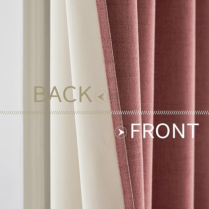 MIULEE 100% Blackout Linen Textured Curtains for Bedroom Solid Thermal Insulated Dusty Rose Grommet Room Darkening Curtains & Drapes Luxury Decor for Living Room Nursery 52 x 108 Inch (2 Panels)