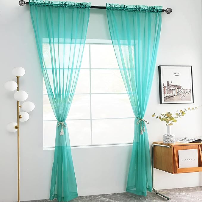 youleyar Solid Sheer Rod Pocket Curtain Voile Draperies 2 Panels White Beige Black Grey Coffee 52 Inch Width 63 Inch Long 1 Pair for Kitchen Bedroom Children Living Room Yard (Turquoise,52Wｘ63L)