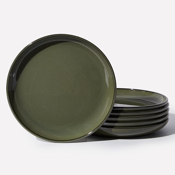 8 Inch Ceramic Plates Set, Microwave Safe Plates, Kitchen Serving Dishes, Scratch Resistant and Dishwasher Safe, Blackish Green