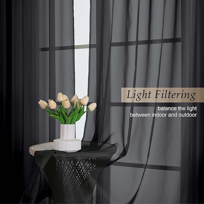 Black Sheer Curtains for Bedroom Living Room 96 Inches Long 2 Panels, Modern Airy Soft Lightweight Rod Pocket Light Filtering Sheer Curtains Drapes, Black, Each 59" Wx96 L Inch