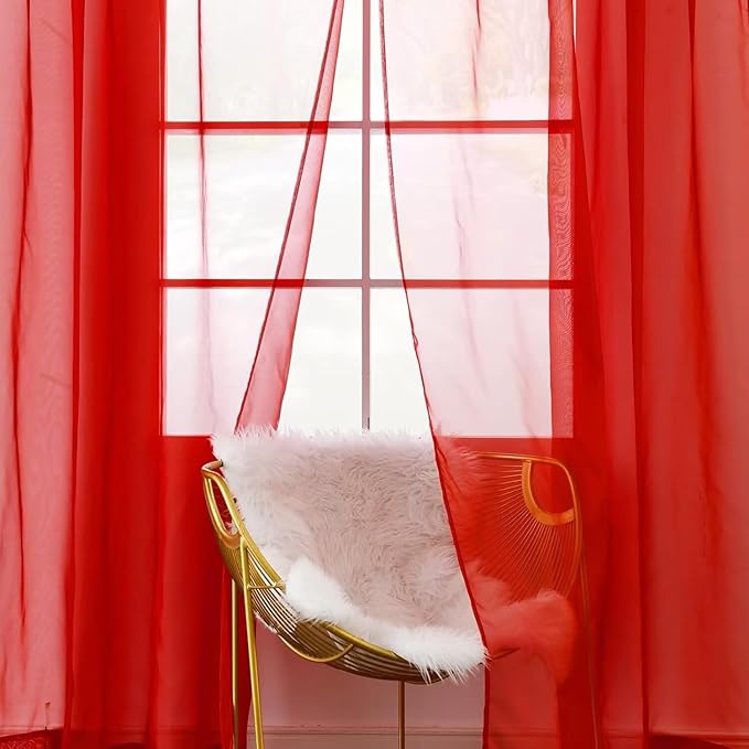 youleyar Solid Sheer Rod Pocket Curtain Voile Draperies 2 Panels White Beige Black Grey Coffee 42 Inch Width 72 Inch Long 1 Pair for Kitchen Bedroom Children Living Room Yard (Red,42Wｘ72L)