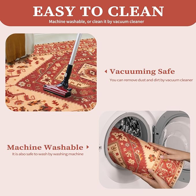 SERISSA Boho Rugs for Entryway, 2x3 Washable Non-Slip Entryway Rug Small Area Rug, Ultra Soft Oriental Vintage Red Low-Pile Indoor Door Mat Floor Carpet for Entrance Bedroom Kitchen Bathroom