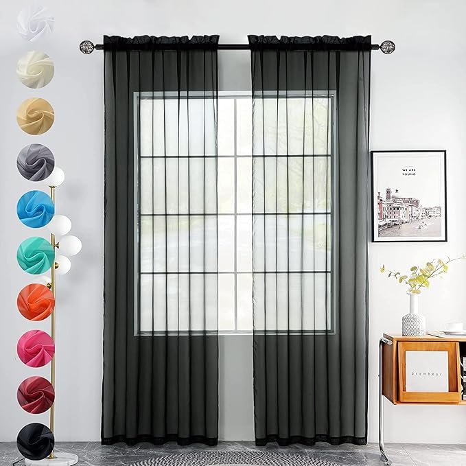youleyar Solid Sheer Rod Pocket Curtain Voile Draperies 2 Panels White Beige Black Grey Coffee 52 Inch Width 108 Inch Long 1 Pair for Kitchen Bedroom Children Living Room Yard(Black,52Wｘ108L)