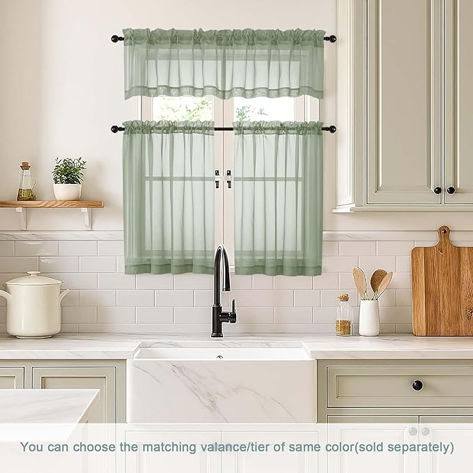Sage Green Small Sheer Curtains 2 Panels Set, Kitchen Curtains 36 Inch Length, Elegant Light Filtering Short Window Drapes for Living Room Bedroom, Dual Rod Pocket Design, 2x42Wx36L Inches