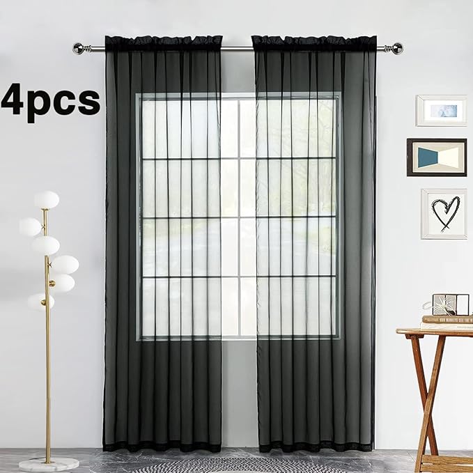 SpaceDresser Black Sheer Curtains 4 Panels Rod Pocket Semi-Sheer Curtain 108 Inches Long Light Filtering Voile Window Drapes for Bedroom Living Room Kitchen, Each 52W x 108L