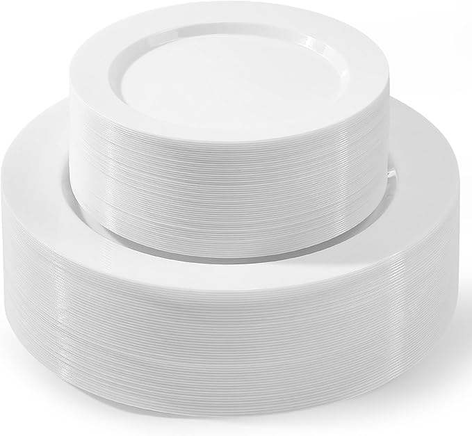 100 PCS White Plastic Plates, White Plates Disposable Include 50 Dinner Plate and 50 Dessert Plate, Heavy Duty plastic plates Perfect for Christmas Party/Holiday/Wedding