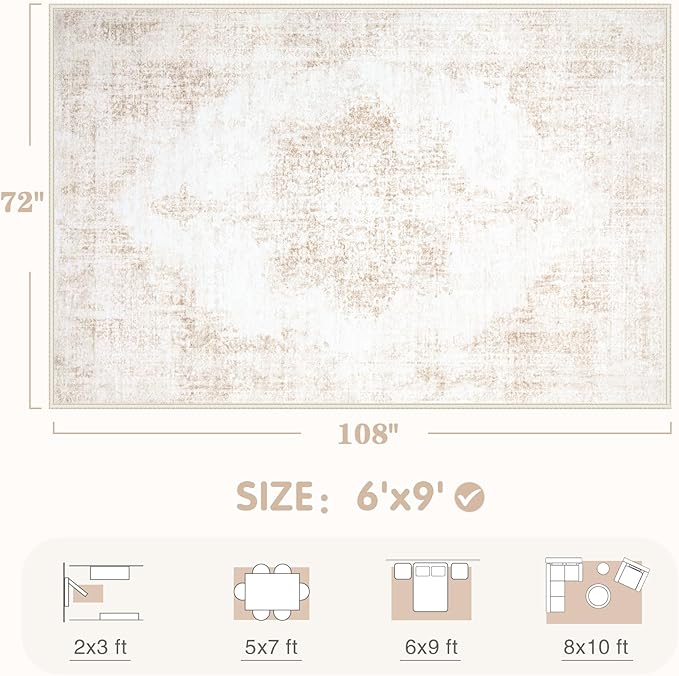 Area Rug 6x9 Vintage Rug: Washable Living Room Rugs Retro Medallion Distressed Large Rugs Soft Low Pile Non-Slip Indoor Floor Carpet for Bedroom Kitchen Nursery Dining Table Office (Beige, 6'x9')