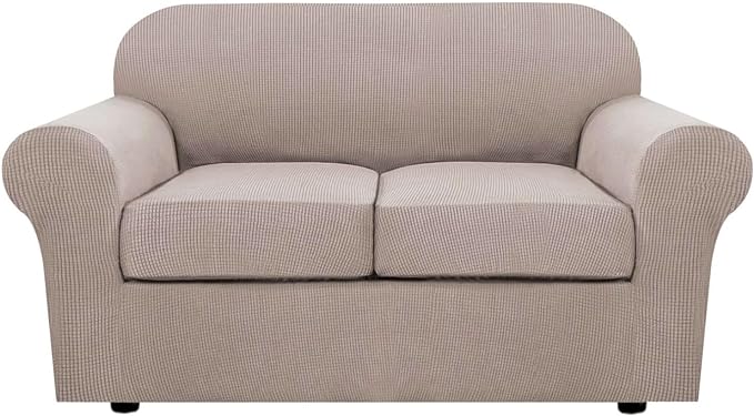 H.VERSAILTEX 3 Piece Stretch Sofa Covers for 2 Cushion Loveseat Couch Covers for Living Room Furniture Cover (Base Cover Plus 2 Seat Cushion Covers) Thicker Jacquard Fabric(Medium Sofa, Sand)
