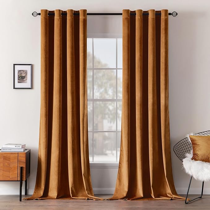 MIULEE Velvet Curtains Gold Brown Elegant Grommet Curtains Thermal Insulated Soundproof Room Darkening Black Out Drapes for Fall Living Room Bedroom Decor 52 x 108 Inch Set of 2, Pumpkin Brown