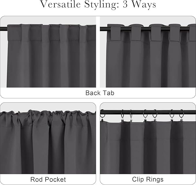 PONY DANCE Blackout Window Curtains - Back Tab Window Treatments Curtain Panels/Draperies Room Darkening Noise Reducing Home Fashion, Wide 52 x Long 63 inches, Grey, One Pair
