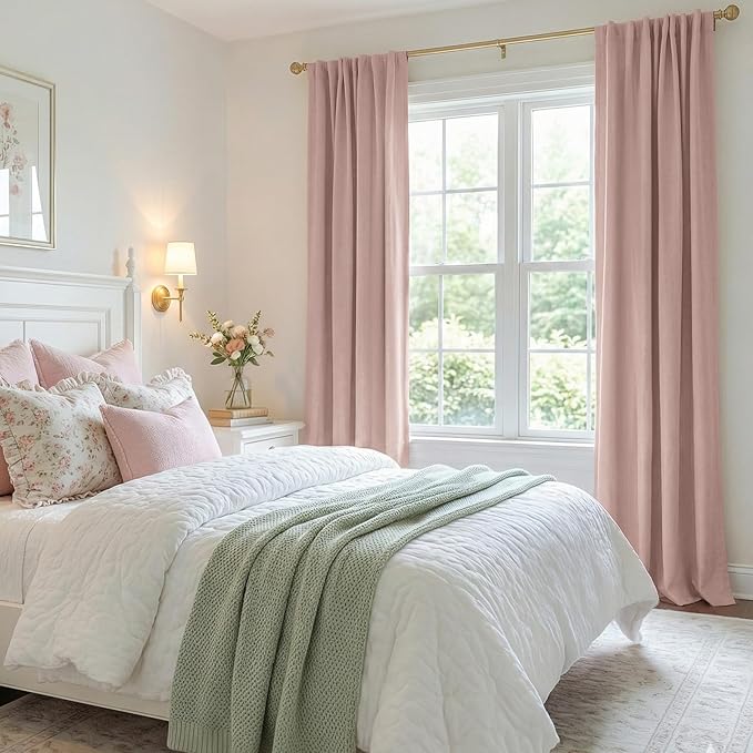100% Blackout Shield Blush Linen Blackout Curtains for Bedroom 84 Inches Long, Back Tab/Rod Pocket Living Room Drapes, Thermal Insulated Blackout Curtains 2 Panels Set, 50" W x 84" L