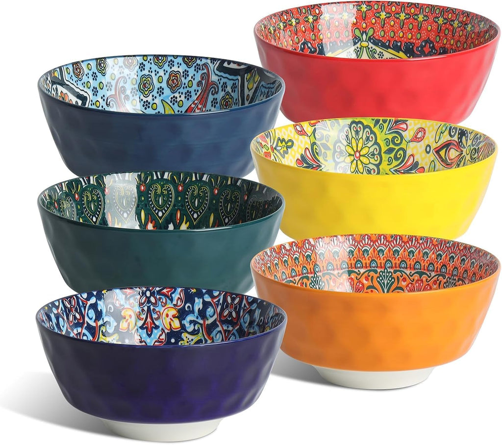KitchenTour Cereal Bowls Set of 6, 26 oz Ceramic Soup Bowls for Kitchen, 6.3 Inch Colorful Serving Bowls for Oatmeal, Salad, Pasta, Dessert - Microwave & Dishwasher Safe