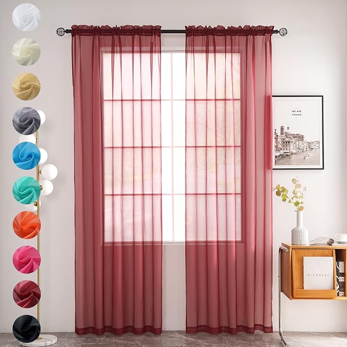 youleyar Solid Sheer Rod Pocket Curtain Voile Draperies 2 Panels White Beige Black Grey Coffee 52 Inch Width 108 Inch Long 1 Pair for Kitchen Bedroom Children Living Room Yard (Wine Red,52Wｘ108L)