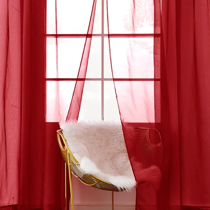 SpaceDresser Christmas Red Sheer Curtains 4 Panels Rod Pocket Semi-Sheer Curtain 96 Inches Long Light Filtering Voile Window Drapes for Bedroom Living Room Kitchen, Each 52W x 96L