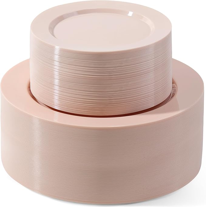 200 PCS Pink Plastic Plates, Plastic Disposable Plates Include 100 Dinner Plate and 100 Dessert Plate Perfect for Holiday, Birthday, Wedding & Party