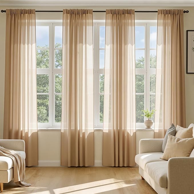MIULEE Brown Sheer Curtains 63 Inches Long, 4 Panels Set, Rod Pocket Voile Drapes Light Filtering and Semi Transparent, Elegant Window Treatments for Bedroom Living Room,54 x 63 Inches