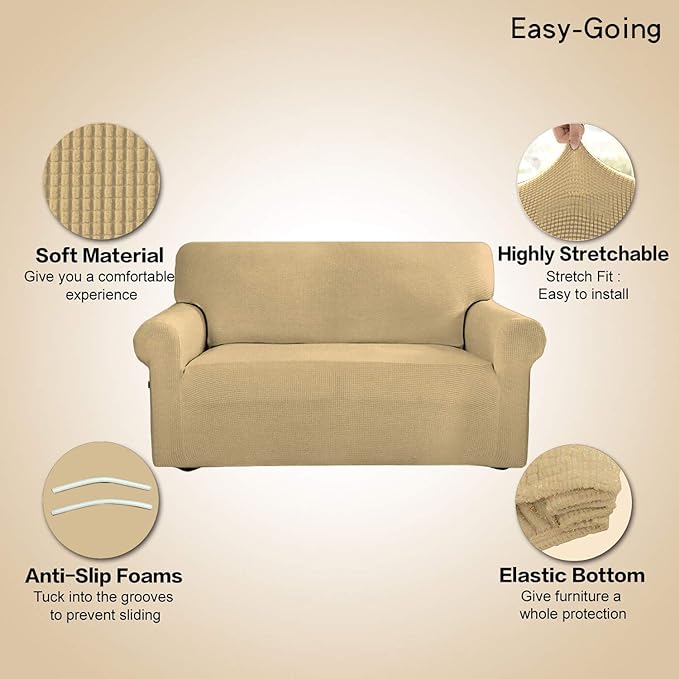 Easy-Going Stretch 4 Seater Sofa Slipcover 1-Piece Sofa Cover Furniture Protector Couch Soft with Elastic Bottom for Kids, Polyester Spandex Jacquard Fabric Small Checks Beige