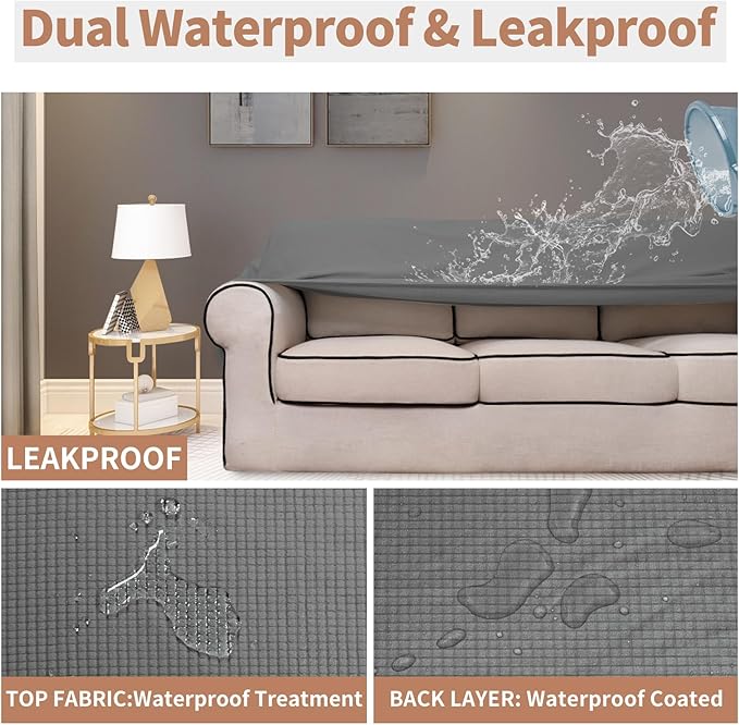 Easy-Going 100% Waterproof Loveseat Couch Cover, Dual Waterproof Sofa Cover, Stretch Jacquard Sofa Slipcover, Leakproof Furniture Protector for Kids, Pets, Dog and Cat (Loveseat, Grey)