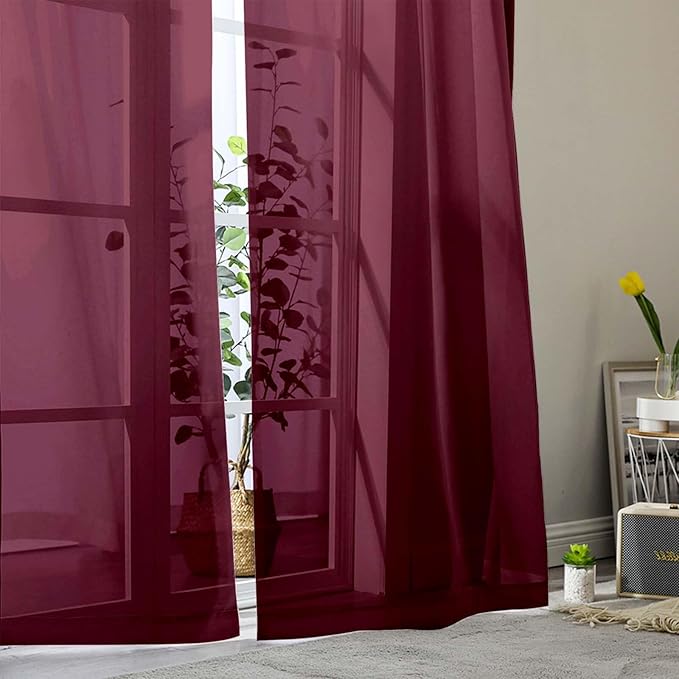 Extra Long Sheer Burgundy Curtains for Bedroom Living Room 108 Inches Long 2 Panels Set, Solid Soft Light Filtering Rod Pocket Sheer Window Curtains, Burgundy, Each 42" Wx108 L Inch