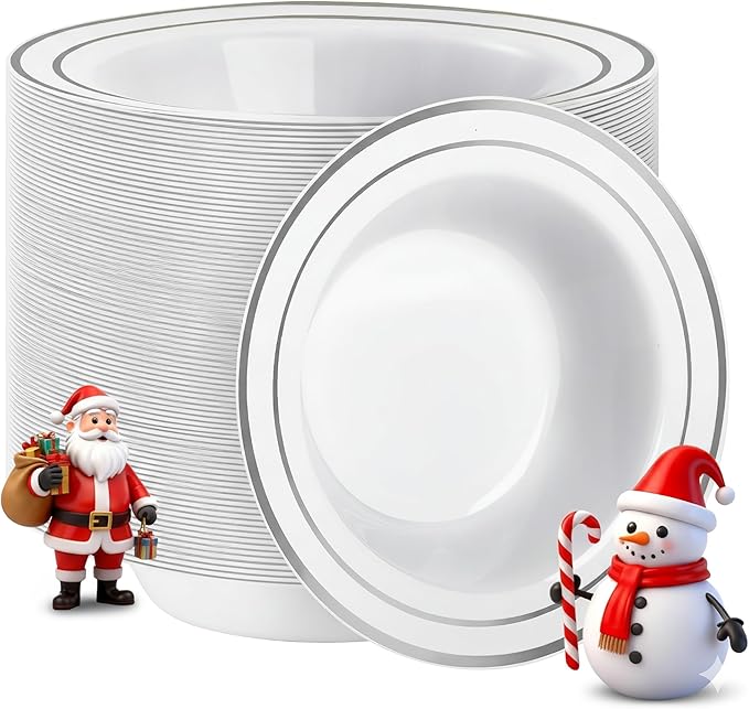 Goodluck 100 Pack Plastic Bowls with Silver Rim, 12oz Disposable Soup Bowls, Heavy Duty Dessert Bowls for Weddings, Parties, Dinners, Catering, and Everyday Use