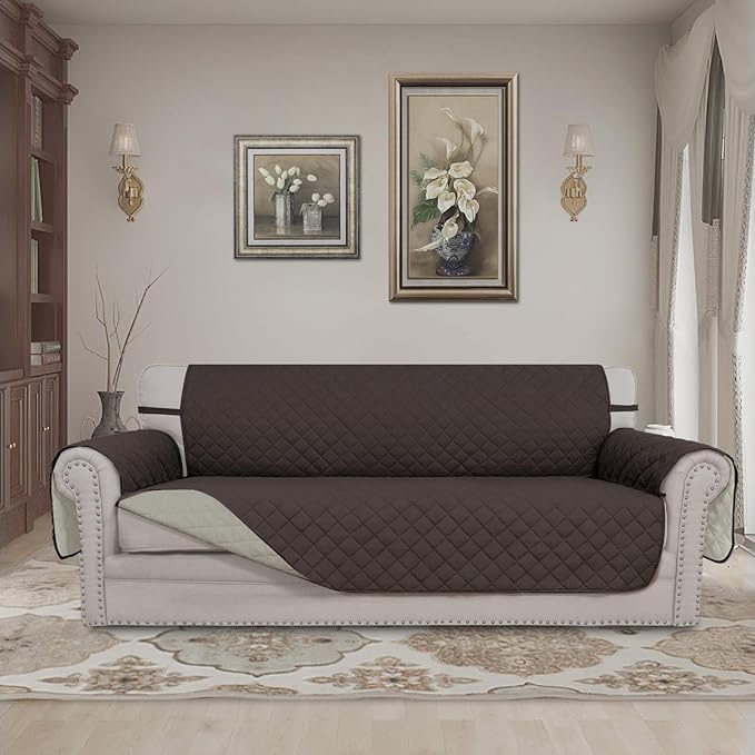 Easy-Going Reversible Oversized Couch Cover for 3 Cushion Couch Sofa Cover for Dogs Water Resistant Furniture Protector Cover with Foam Sticks for Pet (Oversized Sofa, Chocolate/Beige)