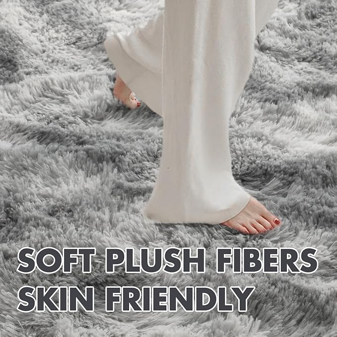 5x8 Ft Large Shag Rugs for Living Room, Tie Dyed Ultra Soft Fluffy Furry Area Rugs for Bedroom Indoor Floor, Aesthetic Carpet for Kids Home Decor (Light Grey)