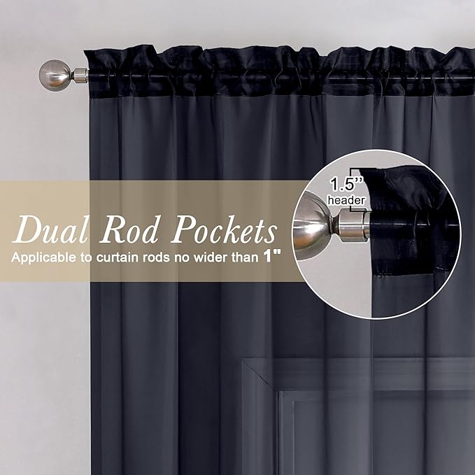 Lecloud Black Sheer Curtains 68 Inch Length 2 Pcs, Light Filtering Rod Pockets Window Curtains for Bedroom, Soft Voile Solid Home Drapes for Living Room Bathroom Loft, Each Panel 42" W x 68" L