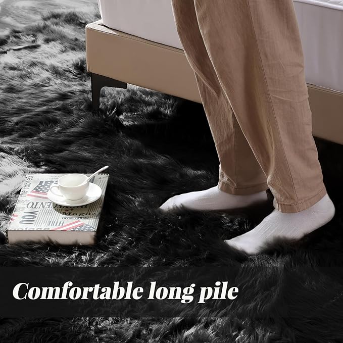 ORINOVA Black Fluffy Faux Fur Rug for Living Room Shag Circle Washable Area Rugs for Bedroom Round Rug 4ft Cute Room Décor