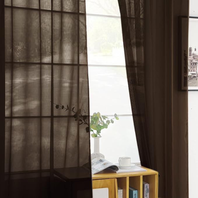 youleyar Solid Sheer Rod Pocket Curtain Voile Draperies 2 Panels White Beige Black Grey Coffee 52 Inch Width 72 Inch Long 1 Pair for Kitchen Bedroom Children Living Room Yard(Coffee,52Wｘ72L)